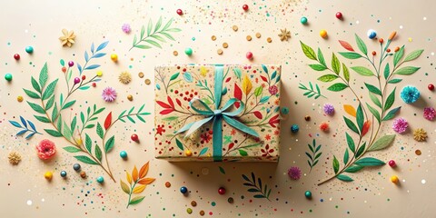 Obraz premium A vibrant gift box adorned with a teal ribbon, nestled amidst a delightful scattering of colorful confetti, meticulously arranged floral elements, and decorative embellishments.
