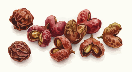 A Watercolor Vector Illustration Showcases A Small Pile Of Angular Golden Brown Cubes Resembling Japanese Sansho Pepper Capturing Their Subtle Textures And Warm Tones In A Realistic Style