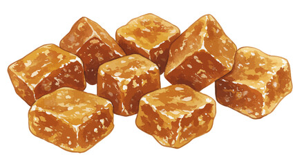 An Inviting Watercolor Illustration Showcases A Cluster Of Golden Brown Jaggery Chunks Their Cube Like Forms Catching The Light With Subtle Highlights Creating A Warm And Comforting Mood