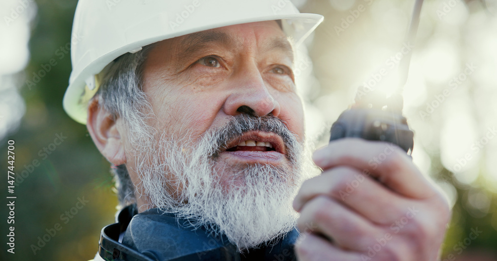 Aufkleber building, excavation and radio with developer man outdoor on site as construction worker. communicat