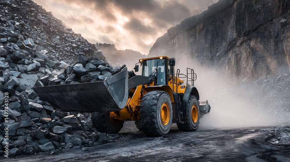 Poster Wheel loader machine uploading rocks