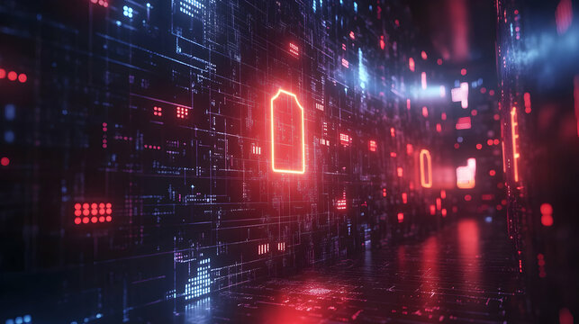 Futuristic Digital Landscape with Neon Lights and Data Patterns