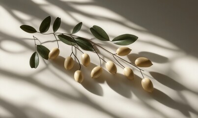 Olive branch shadows, beige background, minimal still life, product photography