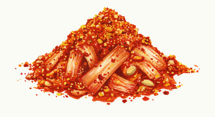 A Vibrant Hand Drawn Vector Illustration Captures A Flavorful Mound Of Kimchi Seasoning Showcasing Its Rich Texture Fiery Red Hues And Diverse Ingredients Against A Clean White Backdrop