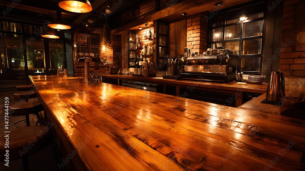 Poster Warm wooden counter in a rustic style bar with ambient lighting