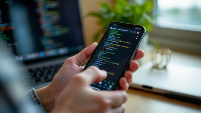 Smartphone coding technology startup culture with hands typing on mobile device showing programming code in modern workspace