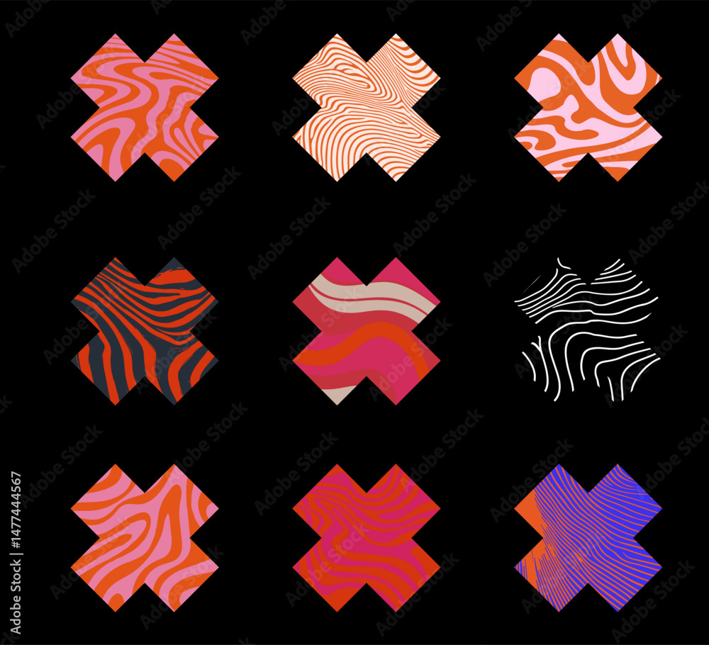 Poster vector illustration featuring cross shapes, each filled with different colorful and wavy abstract pa