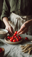 Close-up of hands arranging cherry tomatoes on wooden plate, showcasing simple food preparation concept.  Neutral tones emphasize natural ingredients.  Free space for text.