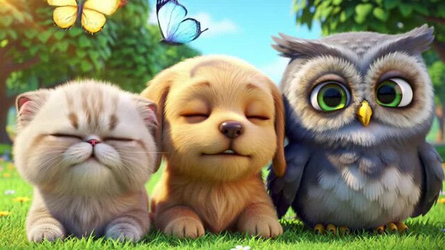 Adorable pets enjoying a sunny day in the park with a butterfly overhead