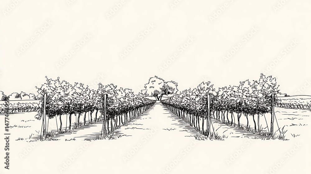 Poster Vineyard with rows of grape vines, simple line drawing illustration style