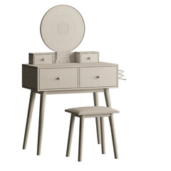 A white vanity with a round mirror and a white stool