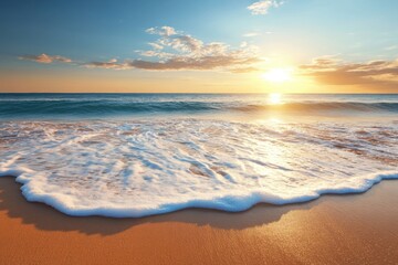 Obraz premium Gentle wave rolls onto sandy beach at sunrise in tranquil coastal scene; idyllic ocean view with golden light and peaceful atmosphere
