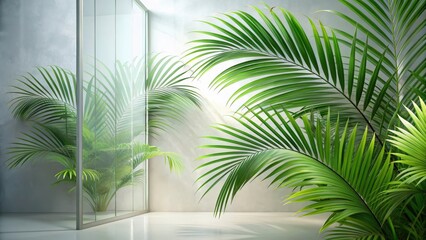 Serene Minimalist Interior with Lush Tropical Foliage and Modern Glass Partition