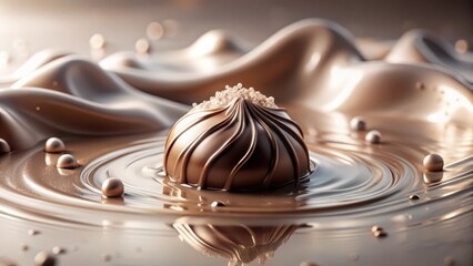 A delectable chocolate confection, delicately adorned with crystalline sugar, rests serenely upon a swirling expanse of molten chocolate, creating a captivating visual symphony of texture and light.