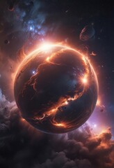 Fototapeta premium Glowing sphere amidst swirling nebulae, cosmic dust, gas, astrophotography