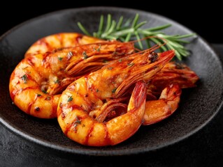Succulent grilled shrimp garnished with fresh herbs served on an elegant black plate showcasing vibrant colors and rich textures for a delightful culinary experience