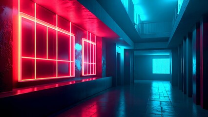 Fototapeta premium A modern hallway illuminated by vibrant red and blue neon lights, creating a futuristic and atmospheric vibe.