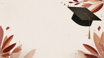 Graduation background with central cap illustration: Minimalist design with leafy motifs for educational branding, high-contrast academic theme visuals, and ceremony decoration templates.