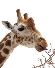 Obraz premium Close-up of a giraffe eating leaves with its tongue, against a plain background, showcasing its unique features