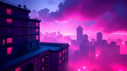 A vibrant cityscape at sunset, with glowing pink and purple lights reflecting off buildings under a dramatic sky.