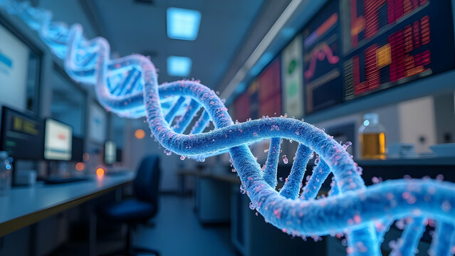 3D Molecular Visualization Showing siRNA Molecules Binding to Target mRNA Strands with Gene Expression Data Displayed on Computer Screens