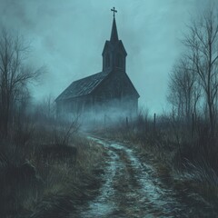 A spooky, fog-shrouded path leads to a mysterious old church with a tall steeple, surrounded by barren trees.
