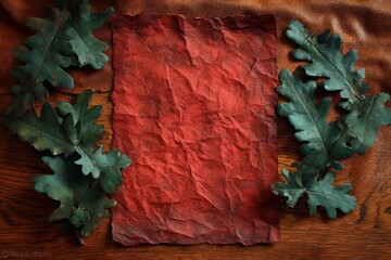 Aged parchment paper framed by vibrant autumn leaves.