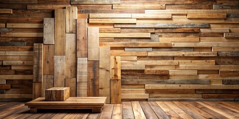 Fototapeta premium Rustic Wooden Wall with Varied Plank Sizes and a Simple Wooden Display Platform