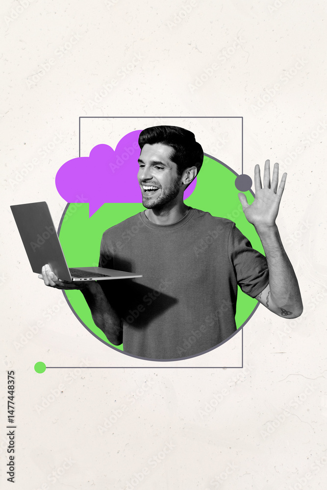 Poster art image vertical photo collage of happy girl guy hold laptop type message communication icon email