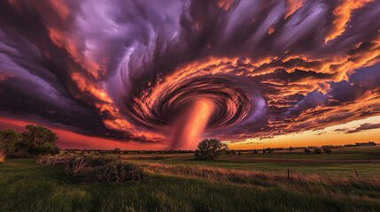 The powerful funnel twists gracefully as vibrant hues of orange, purple, and red paint the celestial canvas, creating a striking and cinematic scene.