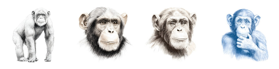 Fototapeta premium Whimsical, artistic depictions of chimpanzee faces in a variety of styles, showcasing expressive features, playful nature, and unique character, perfect for wildlife illustrations