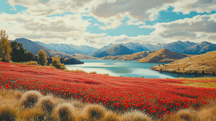 Vibrant carpet of remembrance poppies adorns a peaceful landscape.