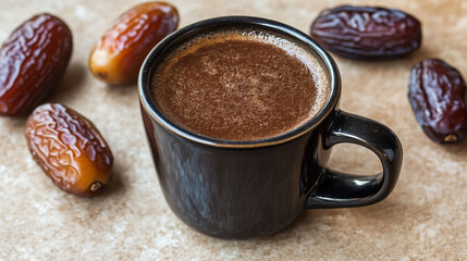 Healthy organic date seed coffee in a black cup, made from grated date seeds, accompanied by whole dates and their seeds, set on a beige background.