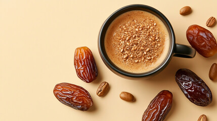 Healthy organic date seed coffee in a black cup, made from grated date seeds, accompanied by whole dates and their seeds, set on a beige background. 