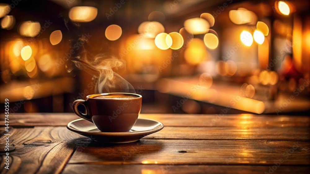 Poster aromatic coffee steam rising from a cup on a rustic wooden table in a warmly lit cafe