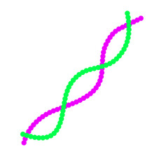 Intertwined strands of neon lights forming a double helix on black surface