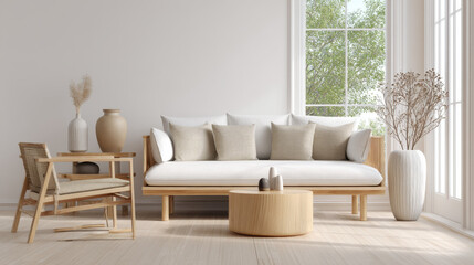 Fototapeta premium Serene Minimalist Living Room Interior Design with Wooden Furniture and Natural Decor