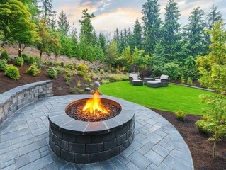 Backyard fire pit burning with flames in landscaped garden with patio furniture and trees at dusk landscape