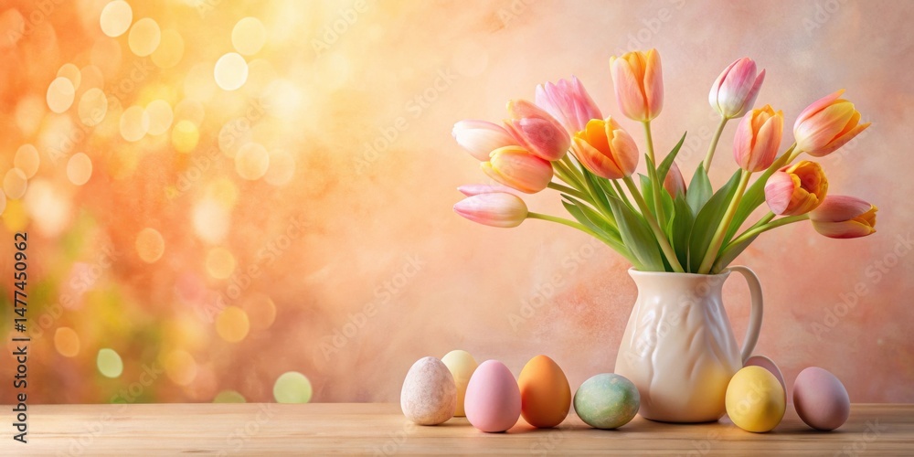 Poster a springtime still life featuring pastel-colored eggs and a bouquet of tulips in a cream-colored pit