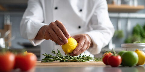 Chef's hands holding lemon above rosemary sprig on wooden board, tomatoes and lime in blurred background, showcasing culinary preparation and fresh ingredients