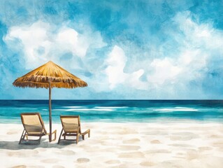 Fototapeta premium Watercolor painting of beach scene with two chairs and umbrella under a blue sky with clouds at daytime vacation spot