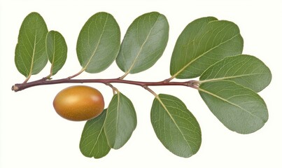Obraz premium Ripe fruit on branch, green leaves, isolated, white background, food, nature