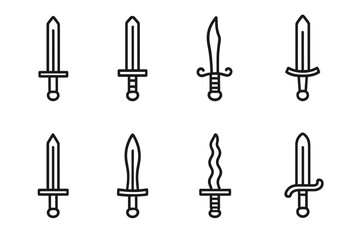 Collection of vector icons depicting various sword designs suitable for fantasy or historical themes in sleek and minimalist style