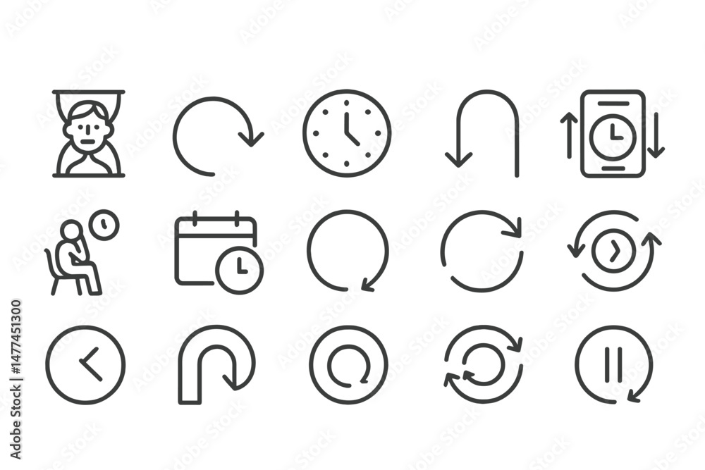 Poster vector icon collection featuring time management and scheduling concepts for various activities and 