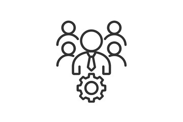 Vector icon representing teamwork and management with people and gears in a professional setting