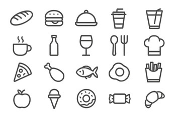 Collection of food and drink vector icons showcasing various meals and kitchen items for culinary illustrations and designs