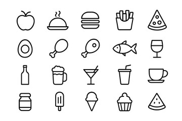 Food and drink vector icons representing various meal options and beverages for graphic design projects