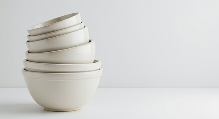 Obraz premium Stack of Off-White Ceramic Bowls on White Background