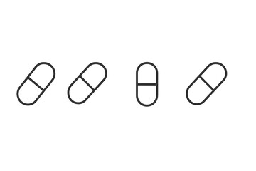 Vector icon set of pills showcasing different orientations and styles for medical and pharmaceutical use