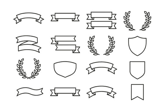 Collection of vector icons featuring decorative ribbons, laurel wreaths, and shields for design projects and graphics